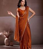 Rust embroidered saree with unstitched blouse