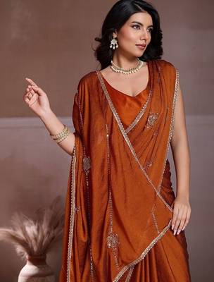 Rust embroidered saree with unstitched blouse 2
