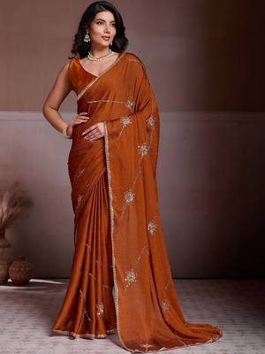 Rust embroidered saree with unstitched blouse 3