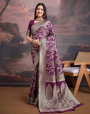 Burgundy women silk blend ethnic motifs banarasi saree with blouse 1