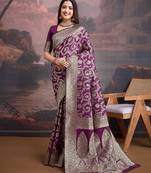 Burgundy women silk blend ethnic motifs banarasi saree with blouse