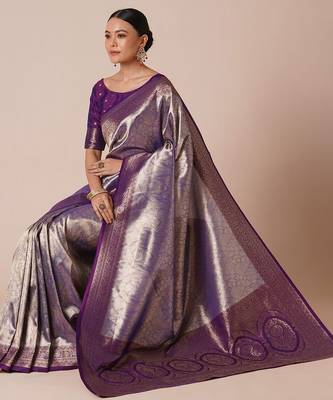 Purple woven design saree with blouse piece 1