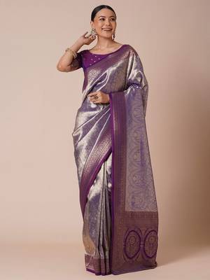 Purple woven design saree with blouse piece 3