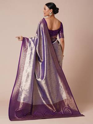 Purple woven design saree with blouse piece 4