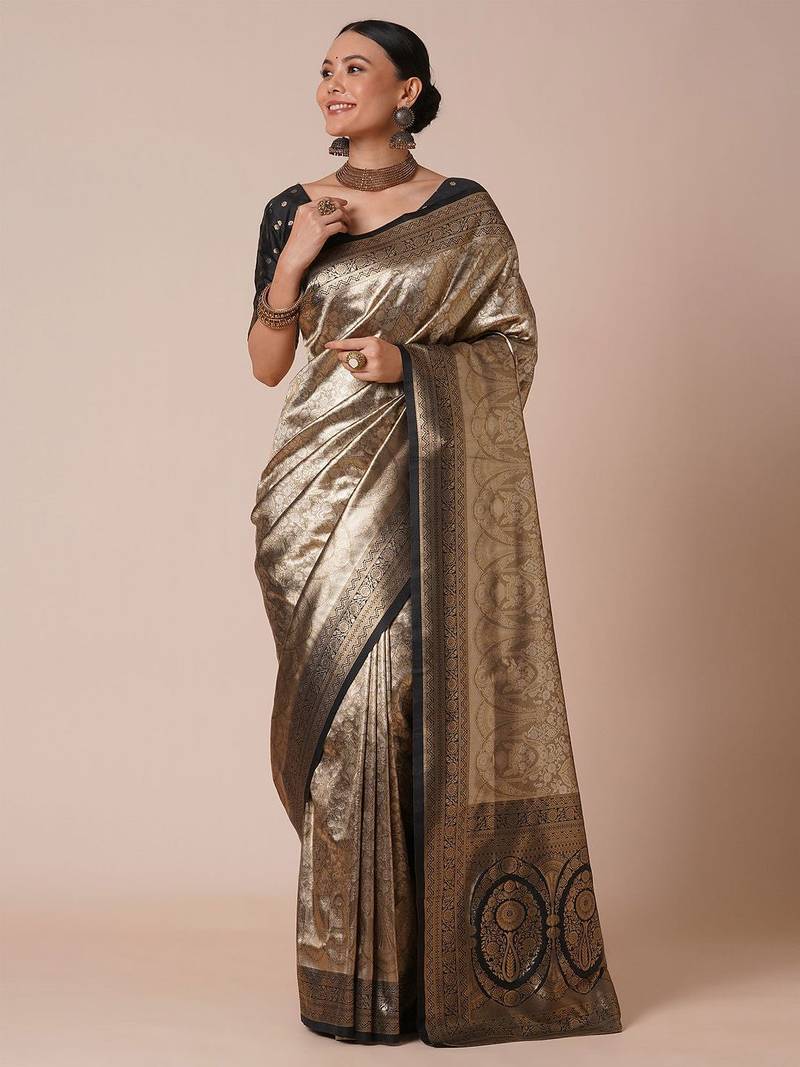 Black woven design banarasi saree with blouse piece