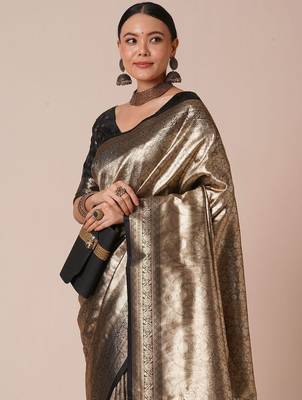 Black woven design banarasi saree with blouse piece 4