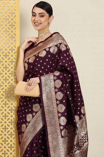 Purple woven design ethnic motifs zari silk blend banarasi saree