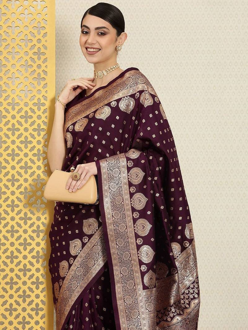 Purple woven design ethnic motifs zari silk blend banarasi saree