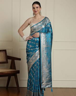 Blue ethnic motif woven design zari indian bridal banarasi saree 1