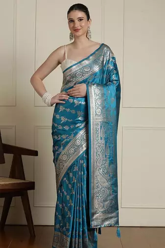 Blue ethnic motif woven design zari indian bridal banarasi saree