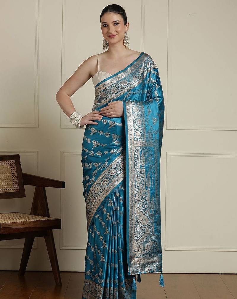 Blue ethnic motif woven design zari indian bridal banarasi saree