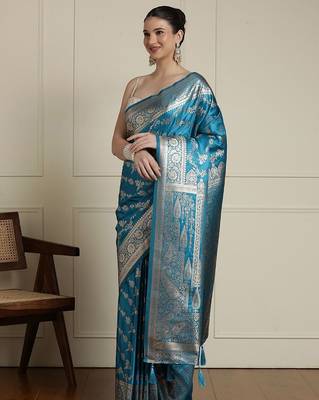 Blue ethnic motif woven design zari indian bridal banarasi saree 2