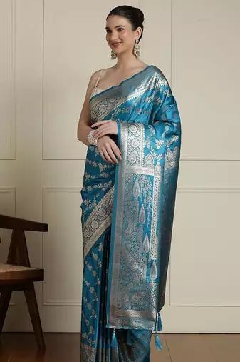 Blue ethnic motif woven design zari indian bridal banarasi saree