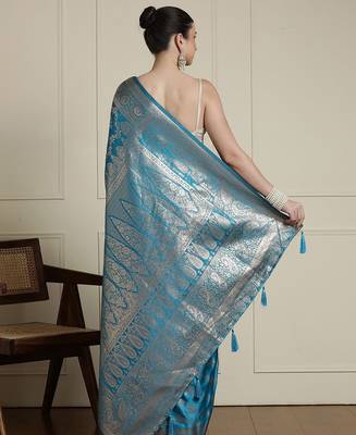 Blue ethnic motif woven design zari indian bridal banarasi saree 3