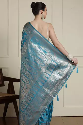 Blue ethnic motif woven design zari indian bridal banarasi saree