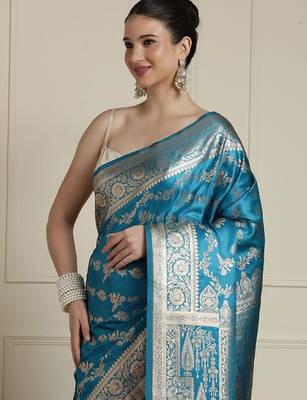 Blue ethnic motif woven design zari indian bridal banarasi saree 4