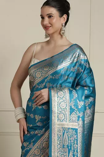Blue ethnic motif woven design zari indian bridal banarasi saree