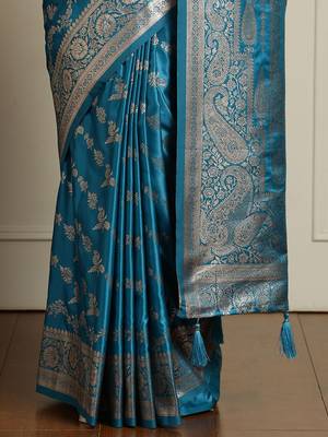 Blue ethnic motif woven design zari indian bridal banarasi saree 5