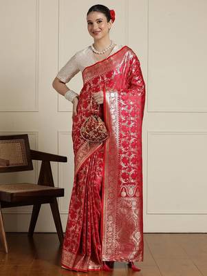 Red woven design zari banarasi saree with blouse 1