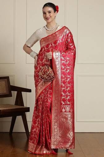 Red woven design zari banarasi saree with blouse