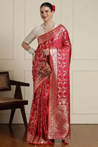 Red woven design zari banarasi saree with blouse