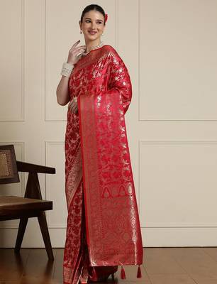 Red woven design zari banarasi saree with blouse 2