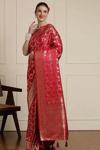 Red woven design zari banarasi saree with blouse