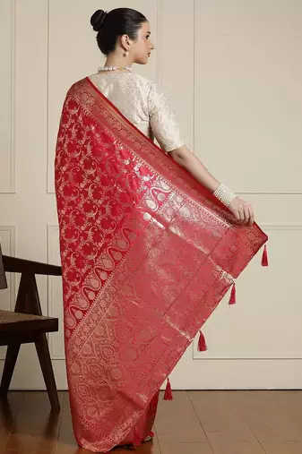 Red woven design zari banarasi saree with blouse