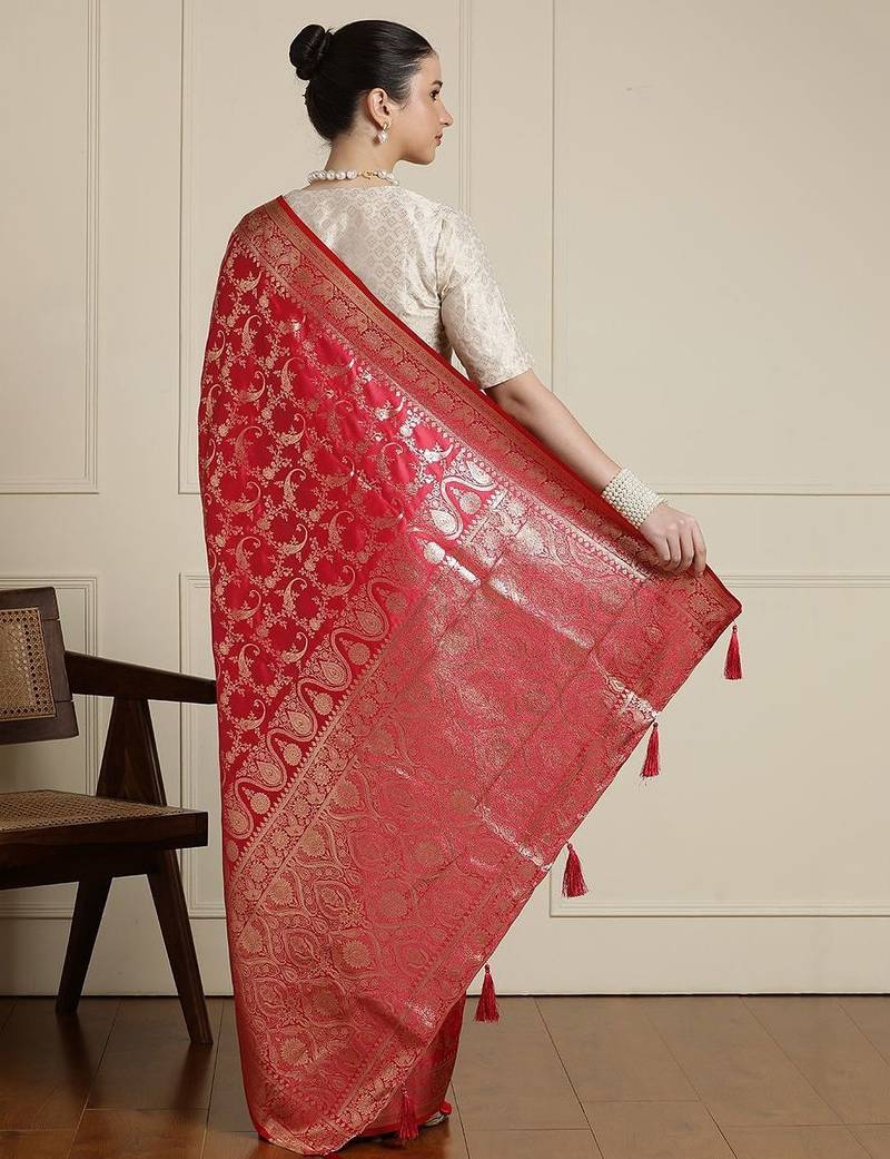 Red woven design zari banarasi saree with blouse