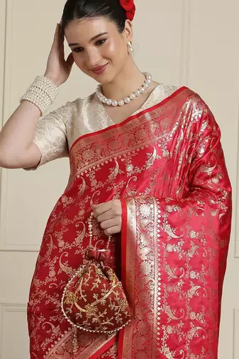 Red woven design zari banarasi saree with blouse