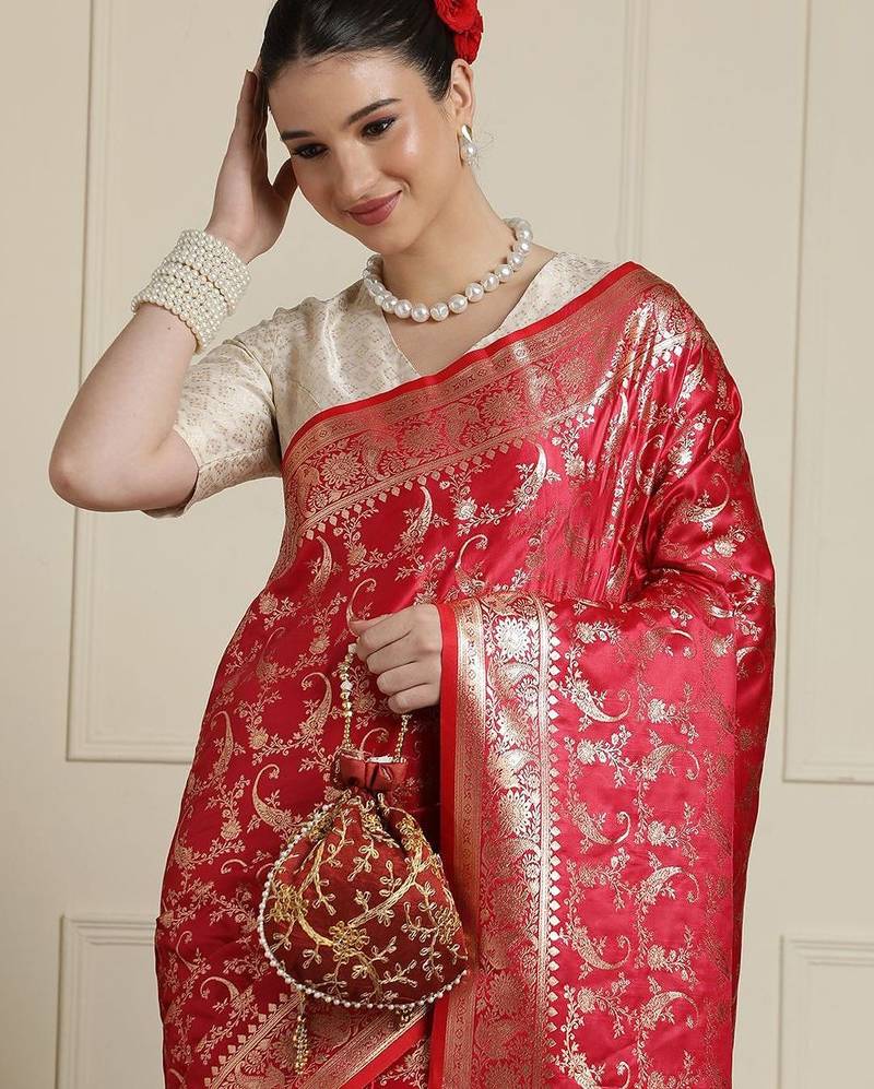 Red woven design zari banarasi saree with blouse
