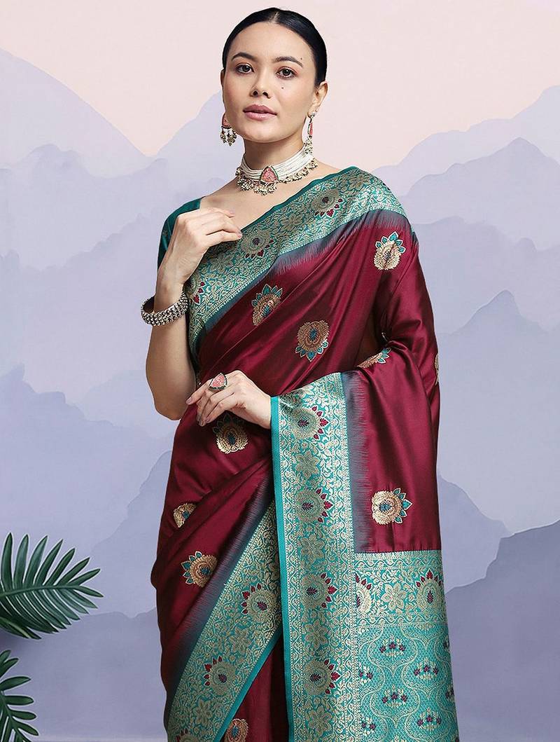 Maroon woven design kanjeevaram saree
