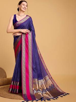 Blue woven design saree with unstitched blouse 1