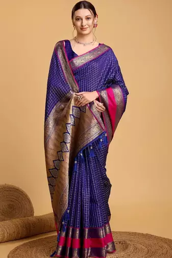 Blue woven design saree with unstitched blouse