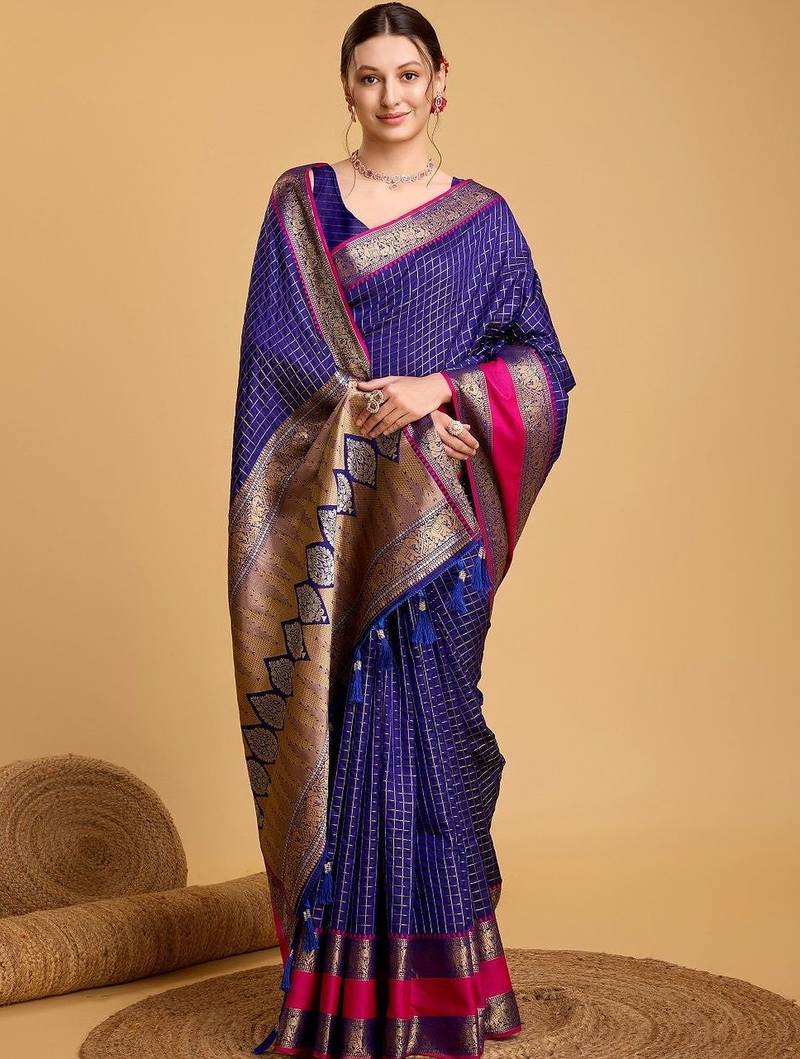 Blue woven design saree with unstitched blouse
