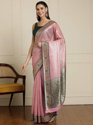 Pink woven design zari paithani saree 2
