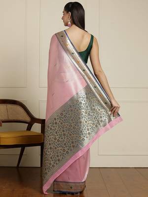 Pink woven design zari paithani saree 3