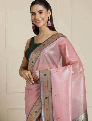 Pink woven design zari paithani saree 4