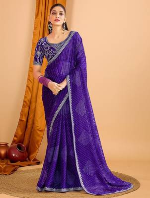 Blue women bandhani printed saree with matching blouse 1