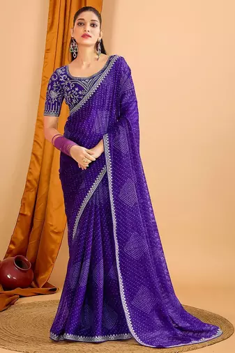 Blue women bandhani printed saree with matching blouse