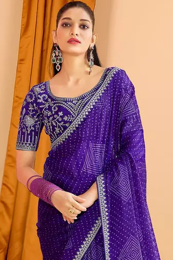 Blue women bandhani printed saree with matching blouse