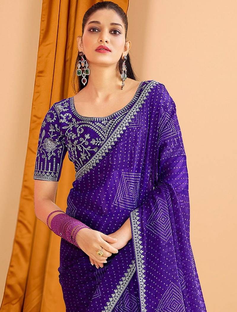 Blue women bandhani printed saree with matching blouse