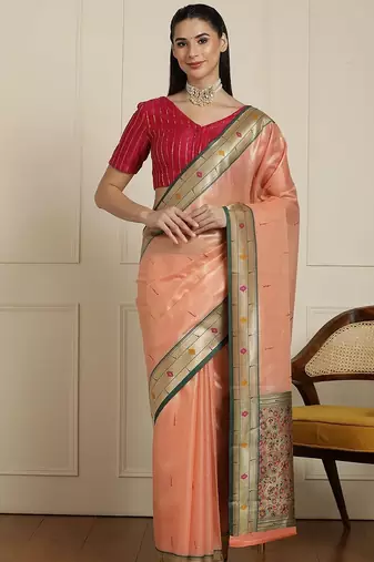Peach woven design paithani saree