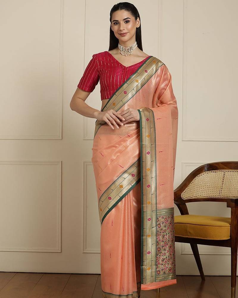 Peach woven design paithani saree