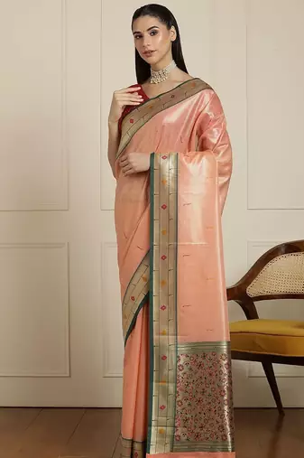 Peach woven design paithani saree