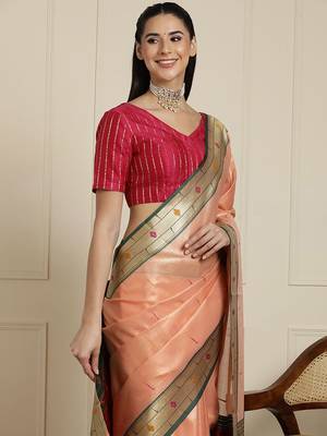 Peach woven design paithani saree 4