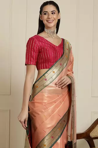 Peach woven design paithani saree
