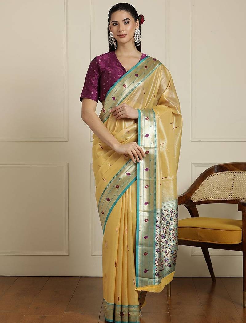 Yellow geometric woven design paithani saree