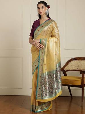 Yellow geometric woven design paithani saree 2