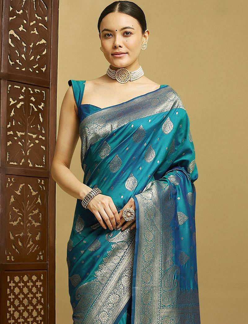 Teal woven design kanjeevaram